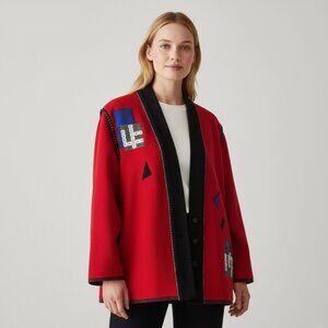 Vintage 90's Lynn Murray Red Wool Jacket w/ Crossword Appliqués Size Medium